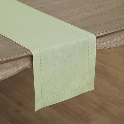 Solino Home Linen Table Runner 48 Inches - 100% Pure Linen Sage Green Hemstitch Table Runner 14 x 48 Inch Ideal for Dresser and Coffee Tables - Fall, Thanksgiving, Christmas - Classic Hemstitch