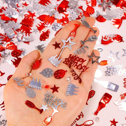 VHUWE Happy Birthday Confetti, 1.6 oz Red Silver Cake Balloon Star Goblet Bottle Glitter Confetti for Boys Girls Kids Women Men Happy Birthday Party Table Decorations Supplies