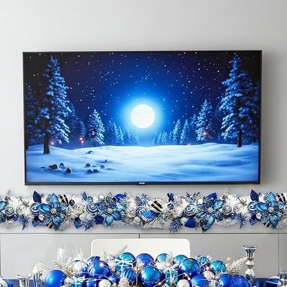 5 ft Christmas Garland for Mantle Unlit Garland for Stairs Railing, Banister, Staircase, Fireplace, for Table No Light, Garland Decor Frosted Red Poinsettia Holiday Tree (Lux Blue Silver)