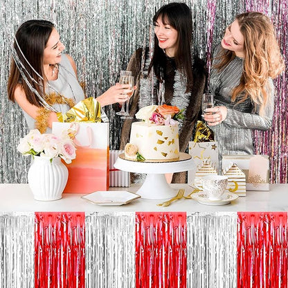 3 Pack Red and Silver Foil Fringe Table Skirts Metallic Tinsel Streamers Garland Banner Backdrop for Table Decor, Parade Float, Birthday, Wedding, Halloween, Christmas Party Decorations(29x108 In)