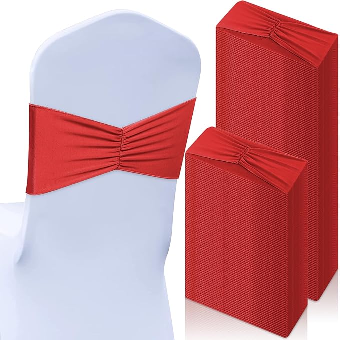 Moukeren 100 Pcs Spandex Chair Sashes Bows Bands Slider Sashes for Chair Covers Elastic Bands Ties Ribbon Decorations for Wedding Party Events Ceremony Birthday Banquet(Red)