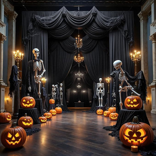 PartyVillage 60ft×15ft Black Backdrop Curtain for Halloween Parties, 12 Panels Wrinkle Free 15 FT Long Polyester Photo Backdrop Drapes Back Drop Cloth for Birthday Photography Background