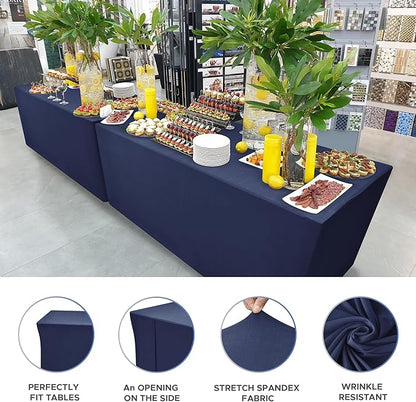 Nasitos Fitted Table Covers Stretch Spandex - 96 x 30 Inch - 2 Pack Navy Rectangle Table Clothes for 8 Foot Folding Tables, Fabric Tablecloths for Parties, Trade Show, Craft Show, Birthday