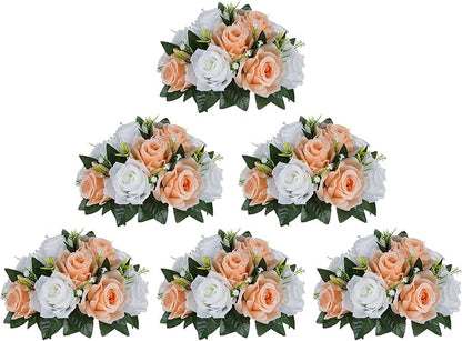 BLOSMON Rose Flower Balls Centerpieces: 6pcs 9.5 Inch Peach Fuzz Fake Flowers Kissing Balls Decor Artificial Wedding Floral Arrangements Silk Bouquet with Base Home Party Room Table DIY Decorations