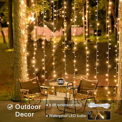 JMEXSUSS 600 LED Christmas Curtain Lights Outdoor, 9.5x19.6ft Christmas String Light Plug in with Remote, 8 Modes Wall Hanging Lights for Bedroom Party Backdrop Wedding Xmas Decor, Warm White