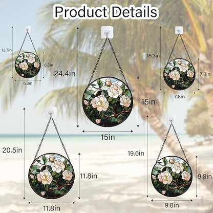 Stained Glass Suncatcher, Light Pink Flowers Green Leaf Sun Catcher Plant Stain Glass Window Hanging Decoration Mother's Day Birthday Gifts for Women Men Mom Nana 9.8 in