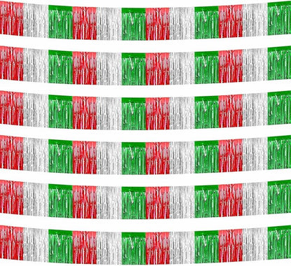 6 Pack 10 Feet Foil Fringe Garland Metallic Tinsel Streamers Banner Wall Hanging Backdrop Banner for Parade Floats, Valentine's Day, Wedding, Birthday, Mardi Gras Party Decorations Red Silver Green