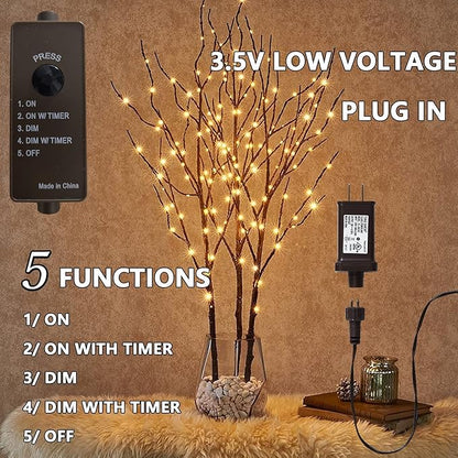 Fudios Lighted Twigs and Branches for Vases Plug in 32in Tall,Brown Willow Tree Branches with Lights 150 LED Outdoor Indoor Holiday Party Decor Gift 2Sets