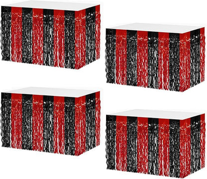 4P Wavy Metallic Tinsel Foil Fringe Table Skirts for Rectangle Tables Backdrop Garland Curtains for Parade Floats Wedding Birthday Parties Decoration Graduation 2025 Christmas (Black Red)