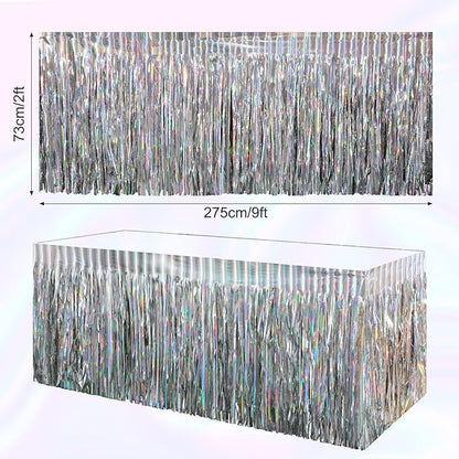 4 Pack Iridescent Table Skirt, Metallic Foil Fringe Tinsel Table Skirts for Rectangle Tables, Disposable Laser Rainbow Table Skirt Iridescent Party Decorations for Birthday Wedding Holiday, 29x108Inch