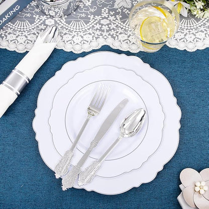 Liacere 350PCS Silver Plastic Plates-Disposable White and Silver Plates 50guest Baroque Plastic Dinnerware Set include 100Plates, 50Pack Pre Rolled Napkins with Silverware 50Cups Perfect for Chrismas