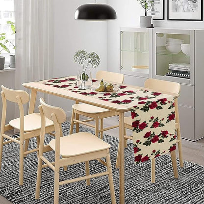 Vintage Rose Table Runner, Red Flowers Green Leaves Valentine's Day Table Runner for Kitchen Dinning Table Runner Decor Home Wedding Party Holiday, 13x120 Inch