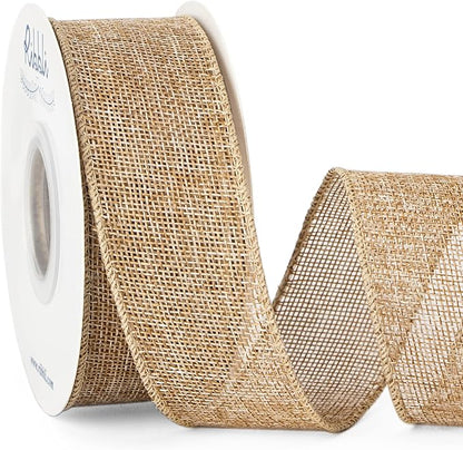 Ribbli Burlap Wired Edge Ribbon,1-1/2 Inch x 10 Yard,Natural,Solid for Big Bow,Wreath,Tree, Outdoor Decoration