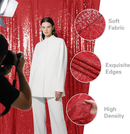Red Sequin Backdrop Curtain 2 Pieces 2FTx8FT Glitter Photography Backdrop for Party Wedding Birthday Christmas Decorations