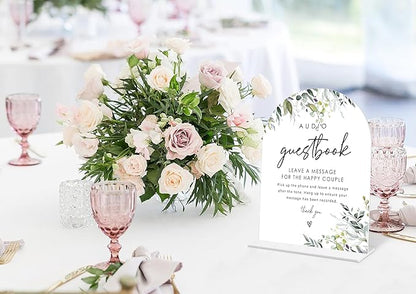 Greenery Audio Guest Book Sign, 6 x 8 Inch White Arch Acrylic Wedding Sign with Holder, Wedding Sign for Ceremony and Reception, Wedding Decoration, Wedding Supplies - LY29