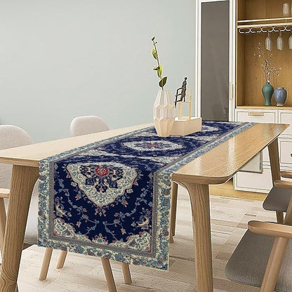 Elegant Palace Boho Blue Table Runner Vintage French Style Farmhouse Geometric Home Farmhouse Kitchen Table Dining Coffee Room Garden Party Wedding Decor 13x120in