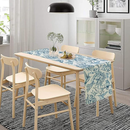 Blue White Table Runner Retro Monochrome Sketch Birds Flower Vintage Floral Kitchen Dining Table Decoration for Home Party Holiday 13"x90"
