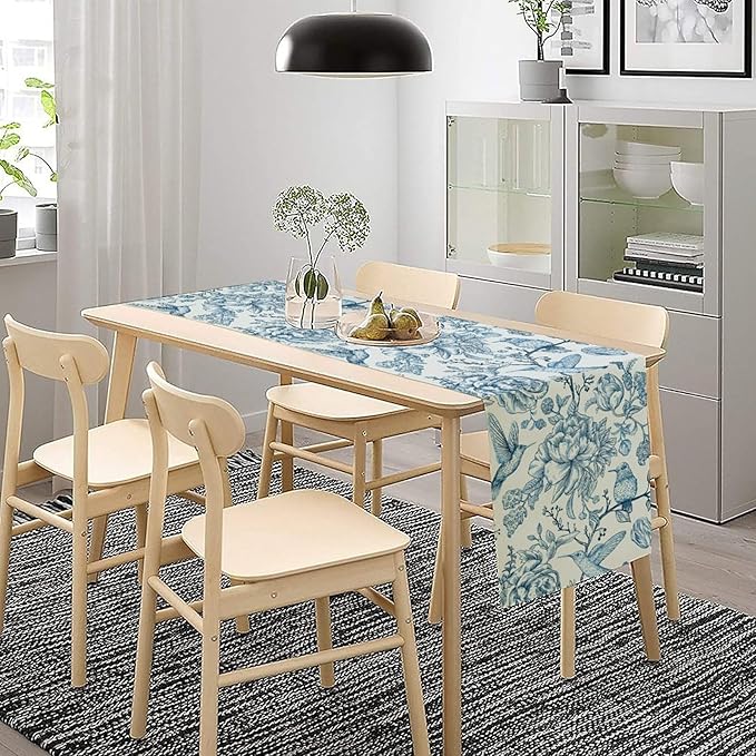 Blue White Table Runner Retro Monochrome Sketch Birds Flower Vintage Floral Kitchen Dining Table Decoration for Home Party Holiday 13"x70"