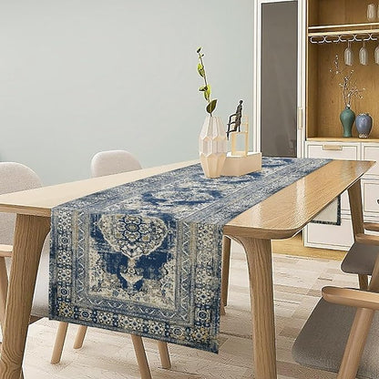 Vintage Boho Floral Table Runner, Rustic Country Farmhouse Blue Teal Retro Flower Pattern for Home Kitchen Table Decor Dining Coffee Room Party Decor 13x108in