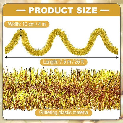 25 Feet Christmas Tinsel Garland, Metallic Twist Wall Hanging Tinsel Backdrop for Parade Floats, Carnival, Birthday, Wedding, New Year Party Decorations (Gold, 4in x 25ft)