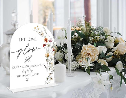 Boho Floral Let Love Glow Sign, 6 x 8 Inch White Arch Acrylic Wedding Sign with Holder, Wedding Sign for Ceremony and Reception, Wedding Decoration, Wedding Supplies - BX13