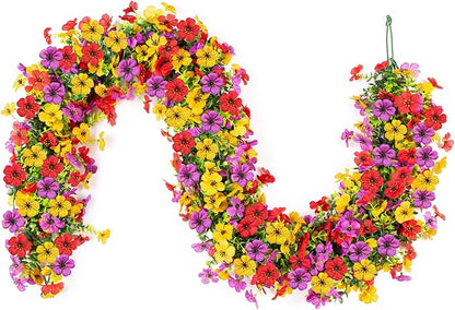 Artificial Flowers Garland Ivy, 4 Pack 5.9 FT Fall Decor UV Resistant Fake Mums Floral Vine Silk Daisy Hanging Flower for Home Garden Wedding Decor Photo Booth Backdrop(Red Purple Yellow)