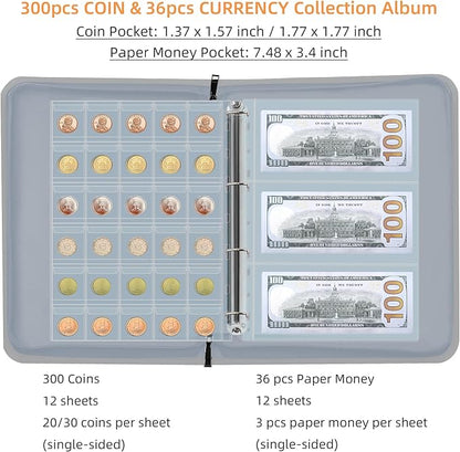 Coin Collection Book Holder for Collectors, 300 Pockets Fireproof Coins Collecting Album & 36 Sleeves Money Storage Case for Coin Currency Collection Supplies, Bill, Quarters, Stamp,Silver
