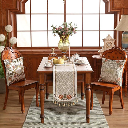 patdrea Designer French Floral Extra Long Velvet Table Runner 118 Inch Long,Green Orange Blossoms Pattern Table Mat, Decor for Kitchen Dining Coffee Table Cabinet Banquet Thanksgiving,16"*118"