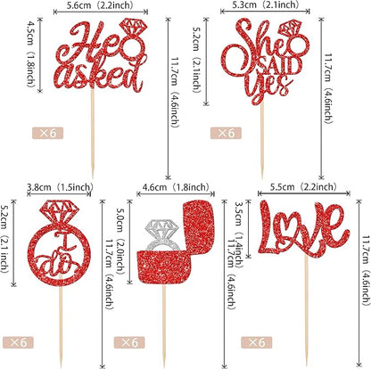 30 PCS He Asked She Said Yes Cupcake Toppers Diamond Ring Cupcake Picks Love I Do Bridal Shower Cupcake Decorations for Wedding Enaggement Theme Party Cake Decorations Supplies Red