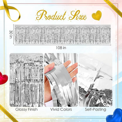 3 Pack Red Dark Blue Silver Table Skirts, 29x108" Metallic Foil Tinsel Fringe Table Skirt for Rectangle Tables Streamer Curtains Backdrop, Party Decorations for Birthdays, Weddings, Holidays