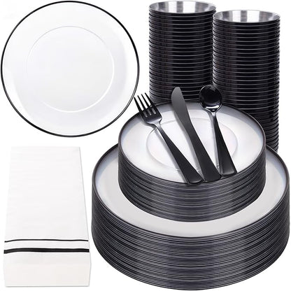 NOCCUR 350PCS Clear and Black Plastic Plates - Disposable Dinnerware Set for 50 Guests Include 100 Dinner/Dessert Plates,150 Black Cutlery,50 Cups&50 Napkins Ideal for Party, Birthday, Halloween