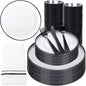 NOCCUR 350PCS Clear and Black Plastic Plates - Disposable Dinnerware Set for 50 Guests Include 100 Dinner/Dessert Plates,150 Black Cutlery,50 Cups&50 Napkins Ideal for Party, Birthday, Halloween