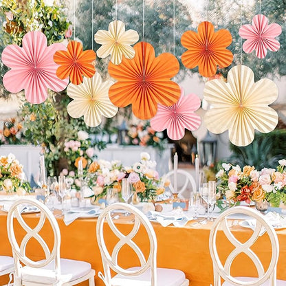 Paper Flowers Decorations for Wall Orange Paper Fans Classroom Decoration Paper Floral Backdrop Decor Paper Fans Decoration Hanging Paper Fans Pink Flower Wall Decor, Set of 9