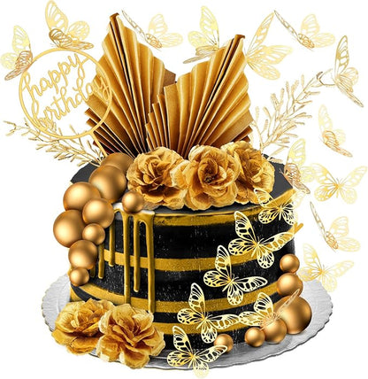 Shimeyao 52 Pcs Wedding Birthday Gold Cake Decoration Boho Cake Topper Pink Purple Flower Butterfly Palm Leaves Balls Toppers for Women Baby Shower Party Decoration(Gold)