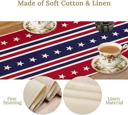 4th of July Table Runner, USA Flag Stars Stripes American Independence Day Red Blue White Stars Lines Print Table Cover for Farmhouse Kitchen Indoor Outdoor Home Party, 13x60inch