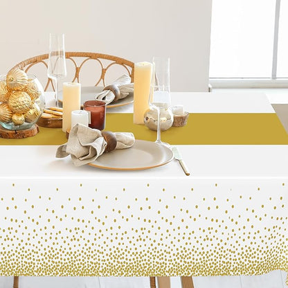 QZYL 12Pack Table Cloth Rectangle Tables, 54" x 108" Disposable Party White Table Cloths with Gold Dot, Waterproof Table Covers for Birthday Outdoor Wedding New Year Eve Birthday Decorations Supplies