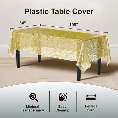 Exquisite Lace Table Cloth Rectangle Table Plastic 12-Pack Lace Tablecloth Rectangular 54" X 108" | Clear & Gold Floral Tablecloth Disposable | Wild Flower Party Decorations & Party Supplies
