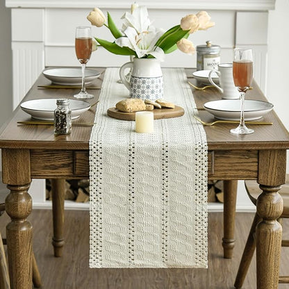 Artoid Mode Beige Farmhouse Woven Rustic Hollow Table Runner, Seasonal Holiday Hollow Kitchen Dining Table Decoration for Home Party Decor 12x90 Inch