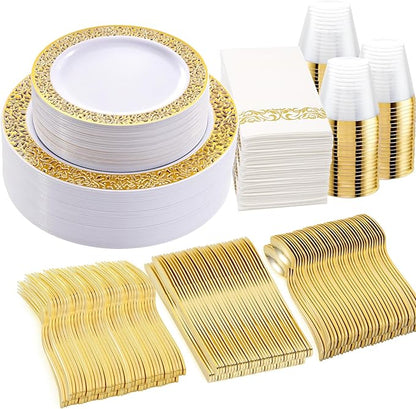 WELLIFE 210Pcs Gold Plastic Dinnerware - Disposable Silverware and Cups, Include:30 Dinner Plates, 30 Dessert Plates, 30 Paper Napkins, 30 Cups, 30 Gold Plastic Cutlery Set for Party, Wedding