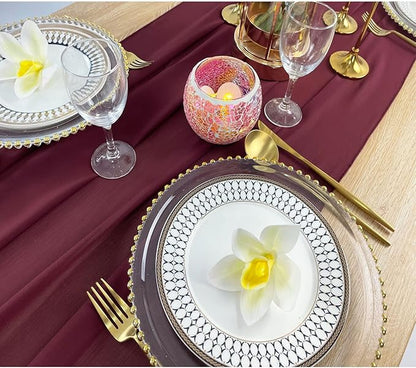 EHLDekol 10ft Chiffon Table Runners 29x120 inches Romantic Sheer Wedding Table Runner Top Table Bridal Party Decoration (Burgundy, 10ft)