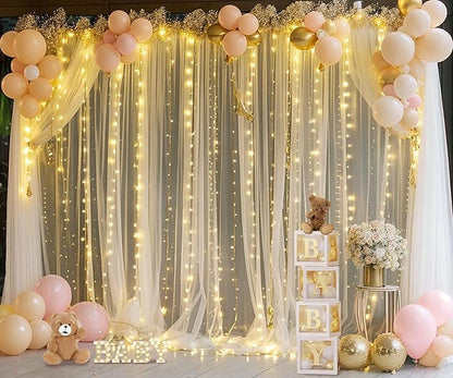 Champagne Tulle Photo Backdrop Curtain with Lights String for Parties Wedding Bridal Shower Sheer Champagne Curtain Backdrop for Birthday Baby Shower Photo Booth Photography 20ft x 8ft