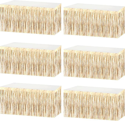 6 Pack 29x108 Inch Metallic Foil Fringe Tinsel Table Skirts Banner for Rectangle Tables Streamer Garland Backdrop for Wedding, Birthday, Parade Floats, Halloween Party Decoration(New Champagne Gold)
