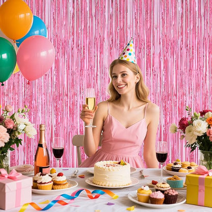 Pink Party Decorations, 2Pack Glitter Pink Backdrop, Metallic Tinsel Backdrop Fringe Curtains Backdrop Curtains, Photo Backdrop Party Supplies Wedding Engagement Christmas Birthday Party Decorations