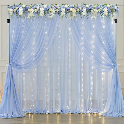 10ft x 7ft Baby Blue Chiffon Backdrop Curtain with Lights String for Parites Wedding Light Blue Curtain Photo Backdrop Drapes for Baby Shower Birthday Party Home Decorations
