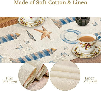 Blue Beach Table Runner, Tropical Ocean Coast Table Runner, Seashell Seasonal Nautical Restaurant Coffee Table Decorations for Home Holiday Party Indoor Outdoor 13x60 Inch
