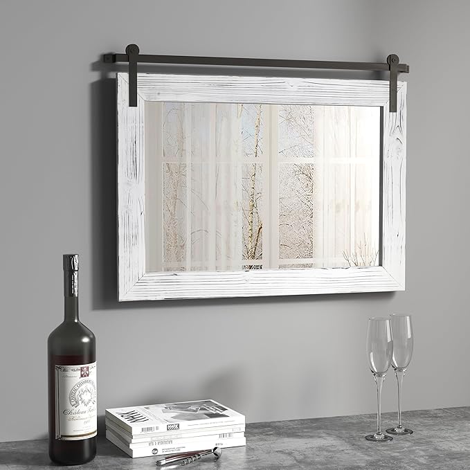 COGOOD Farmhouse Barn Door Mirror - 25 x 18 Rustic Wood Framed Decrative Mirror for Bathroom, Living Room, Entryway Wall Decor (White)