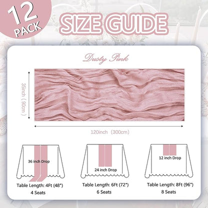 12 Pack Dusty Pink Cheesecloth Table Runner 10ft Boho Gauze Fabric Cheese Cloth Table Runner 35 x 120 Inch Rustic Sheer for Romantic Wedding Decor Baby Shower Party Table Centerpiece Decoration
