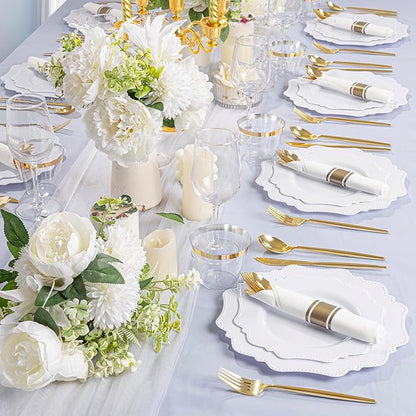 COLOSUS 350pcs White Plastic Plates Disposable Gold Cutlery Dinnerware set for party: 50 Dinner Plate, 50 Dessert Plate, 50 Per Rolled Napkins with Gold Silverware, 50 Cups 9 OZ for Wedding & Party