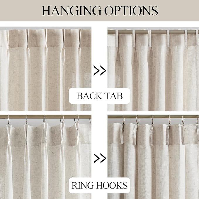 Vision Home Natural Pinch Pleated Semi Sheer Curtains Textured Linen Blended Light Filtering Window Curtains 102 inch for Living Room Bedroom Patio Pinch Pleat Drapes with Hooks 1 Panel 60" Wx102 L