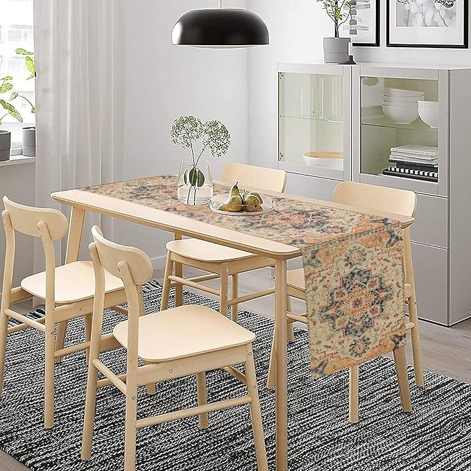 Bohemia Orange Table Runner, Rustic Farmhouse Vintage Geometric Floral Print Table Cover for Home Kitchen Dining Table Party Decor, 13x90inch